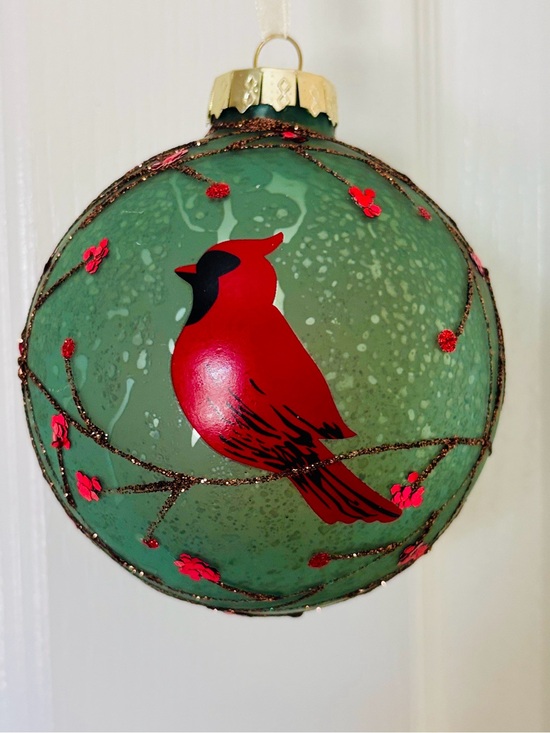 Other - Hand-Painted Green Glass Ornament with Red Cardinal